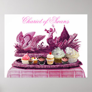 ANTIKES ROSA SCHWANENWAGEN MIT CUPCAKES POSTER