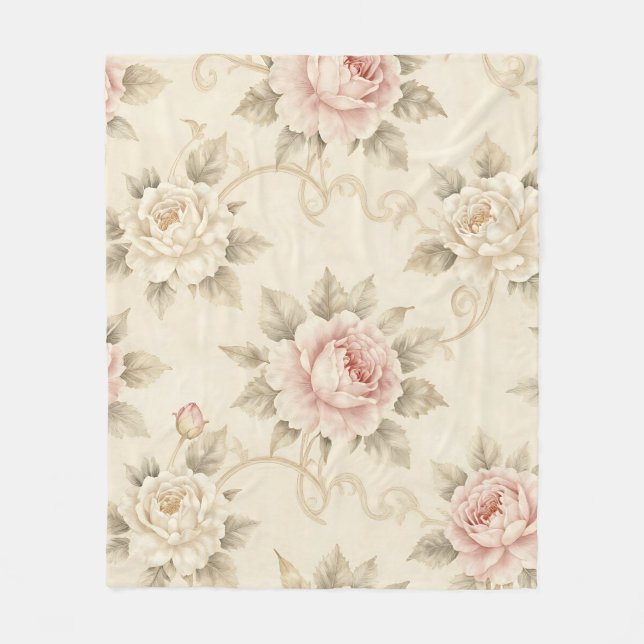 Antikes Rosendamask-Blumenmuster Fleecedecke (Vorderseite)