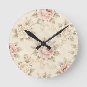 Antikes Rosendamask-Blumenmuster Runde Wanduhr