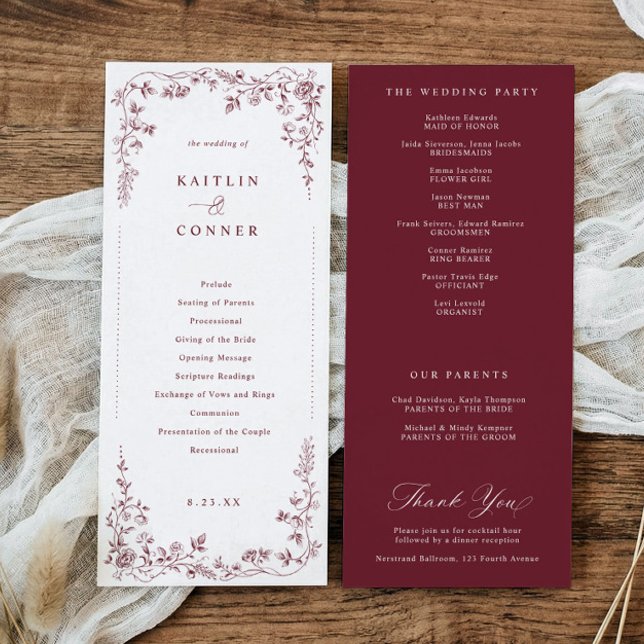Antikes Rot-blumiges französisches Toile-Hochzeits Programm (Burgundy wedding program with Victorian floral and toile de jouy design)