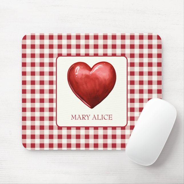 Antikes Rot und Creme Gingham mit Herz Mousepad (Mit Mouse)