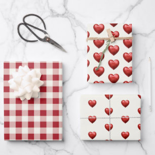 Antikes Rot und Creme Gingham mit Herzen Geschenkpapier Set