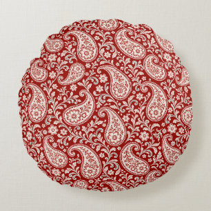 Antikes Rot und Elfenbein-Blumen-Paisley Rundes Kissen