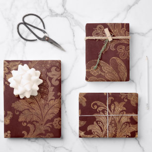 Antikes Rot und Gold Faux-Blumen-Samt Weihnachten Geschenkpapier Set