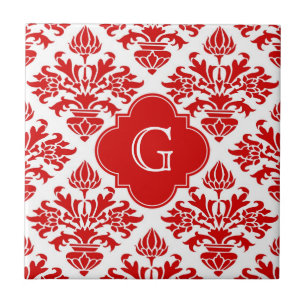 Antikes rotes Blumen-Damaskus #3 mit Monogramm LG Fliese