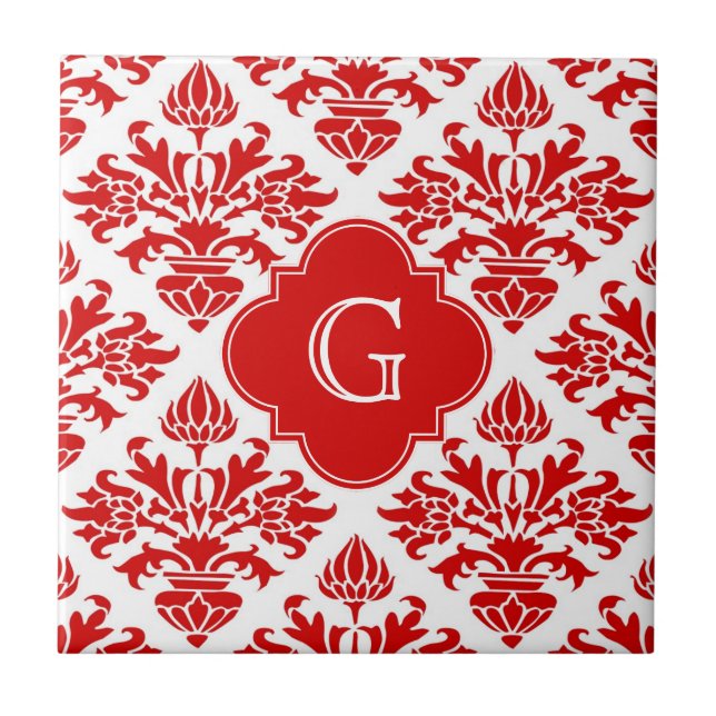 Antikes rotes Blumen-Damaskus #3 mit Monogramm LG Fliese (Vorderseite)