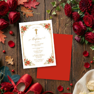 Antikes rotes florales Kreuz der christlichen Tauf Einladung