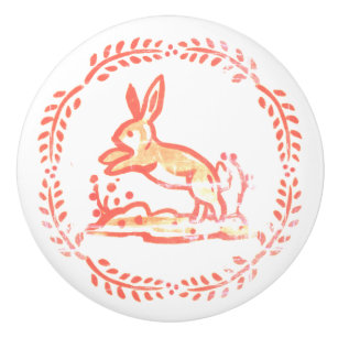 Antikes Rotes Korallen Bunny Rabbit Vintag Rustika Keramikknauf
