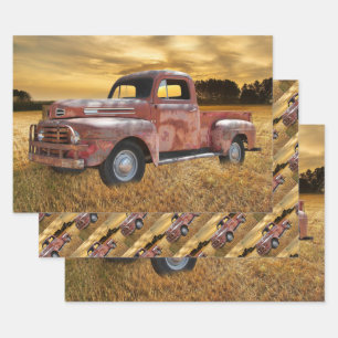 Antikes rotes LKW-Feld Geschenkpapier Set