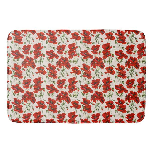 Antikes rotes Mohnblumen-Blumenmuster Botanische K Badematte (Vorderseite)