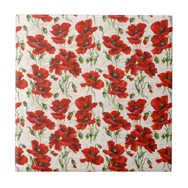 Antikes rotes Mohnblumen-Blumenmuster Botanische K Fliese (Vorderseite)