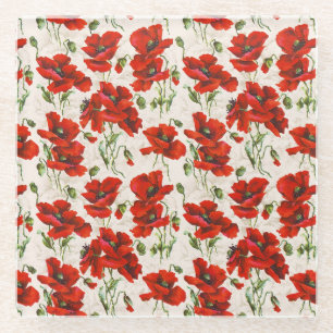 Antikes rotes Mohnblumen-Blumenmuster Botanische K Glasuntersetzer