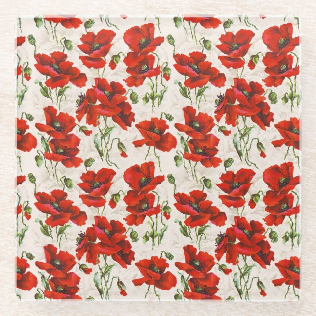 Antikes rotes Mohnblumen-Blumenmuster Botanische K Glasuntersetzer (Vorderseite)