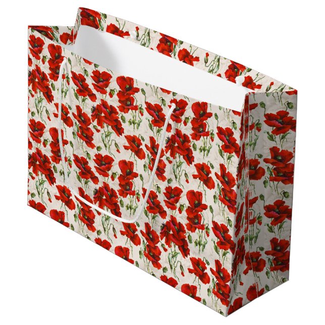 Antikes rotes Mohnblumen-Blumenmuster Botanische K Große Geschenktüte (Vorderseite Schrägansicht)