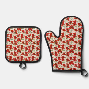 Antikes rotes Mohnblumen-Blumenmuster Botanische K Ofenhandschuh & Topflappen-Set