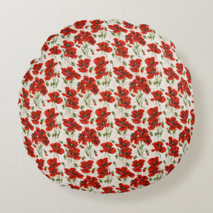 Antikes rotes Mohnblumen-Blumenmuster Botanische K Rundes Kissen