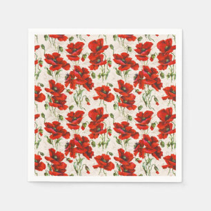 Antikes rotes Mohnblumen-Blumenmuster Botanische K Serviette