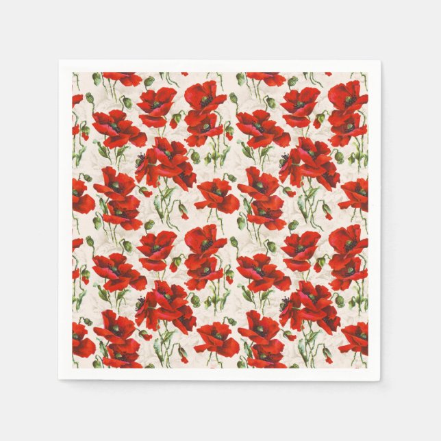 Antikes rotes Mohnblumen-Blumenmuster Botanische K Serviette (Vorderseite)