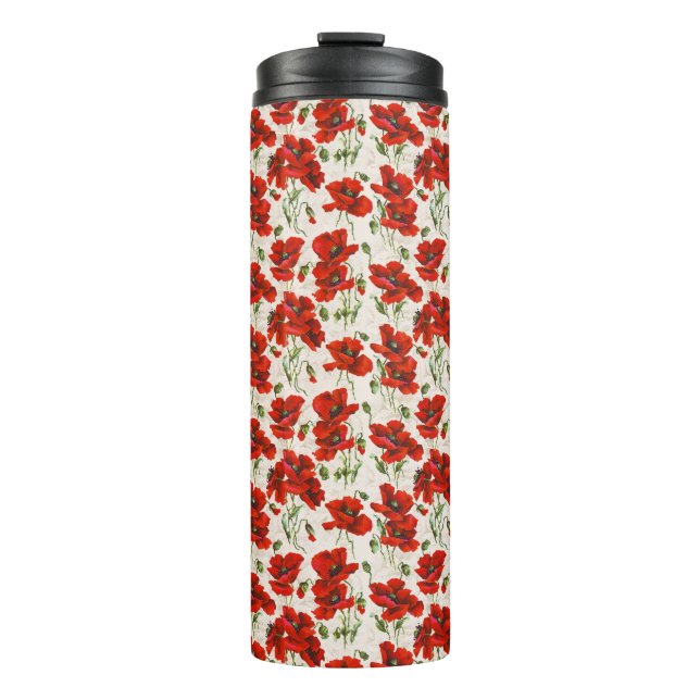 Antikes rotes Mohnblumen-Blumenmuster Botanische K Thermosbecher (Vorderseite)