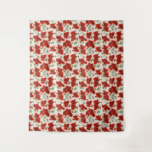Antikes rotes Mohnblumen-Blumenmuster Botanische K Wandteppich (Vorderseite)
