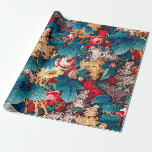 Antikes rotes Rosen- und Flieder-Blumenmuster Geschenkpapier