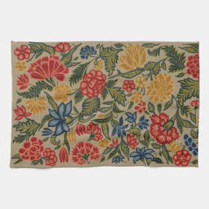 Antikes rotes und goldenes Crewel-Blumenmuster Geschirrtuch