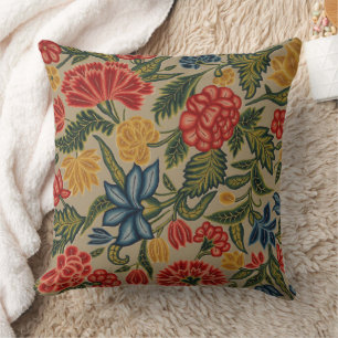 Antikes rotes und goldenes Crewel-Blumenmuster Kissen