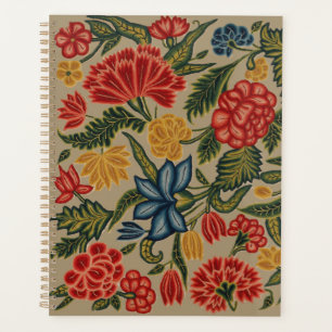 Antikes rotes und goldenes Crewel-Blumenmuster Planer