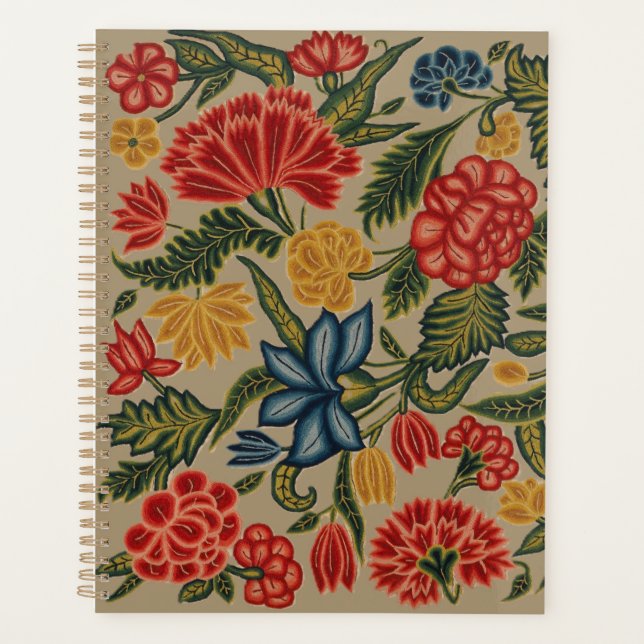 Antikes rotes und goldenes Crewel-Blumenmuster Planer (Vorderseite)