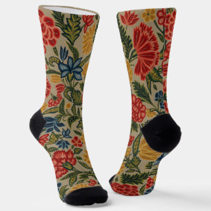 Antikes rotes und goldenes Crewel-Blumenmuster Socken