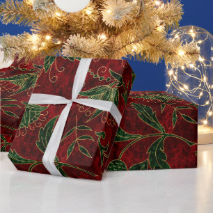 Antikes rotes und grünes florales Weihnachtsvelour Geschenkpapier