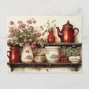 Antikes rotes und weißes Aquarell-Landküche  Postkarte