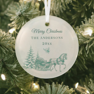Antikes Sagen-Grün-Christmas-Toile-Pferdeschlitten Ornament Aus Glas