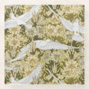 Antikes Salbeigrün-Taube- und Lilien-Blumenmuster Glasuntersetzer