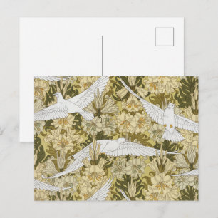 Antikes Salbeigrün-Taube- und Lilien-Blumenmuster Postkarte