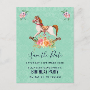 Antikes Schaukelpferd mit Blumen Save the Date Postkarte