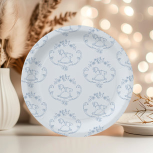 Antikes Schaukelpferd Toile Blau Babyparty Pappteller