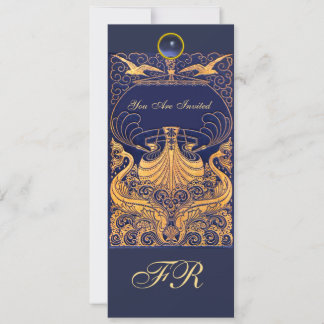 Antikes Schiff, Delphine, Gelb, Navy Blue Monogram Einladung