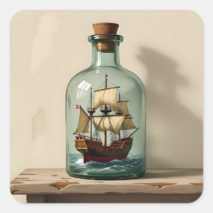 Antikes Schiff in einer Antiquitätenflasche Quadratischer Aufkleber