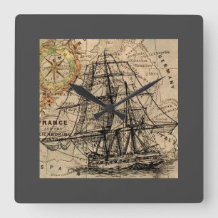 Antikes Schiff und Karte Quadratische Wanduhr