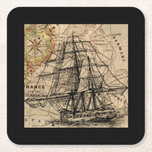 Antikes Schiff und Karte Rechteckiger Pappuntersetzer
