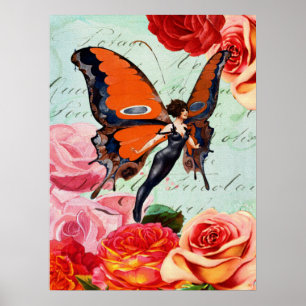 Antikes Schmetterlingsfee Mädchen Rosa Rose Blumig Poster