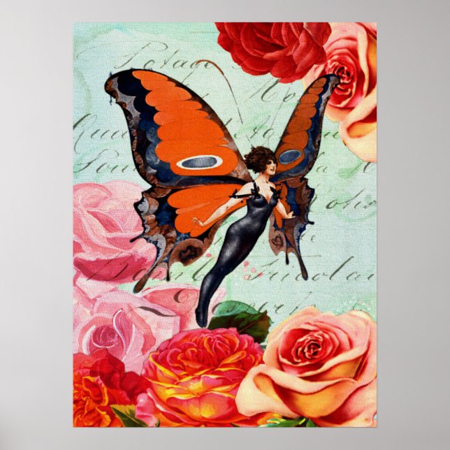 Antikes Schmetterlingsfee Mädchen Rosa Rose Blumig Poster (Vorne)