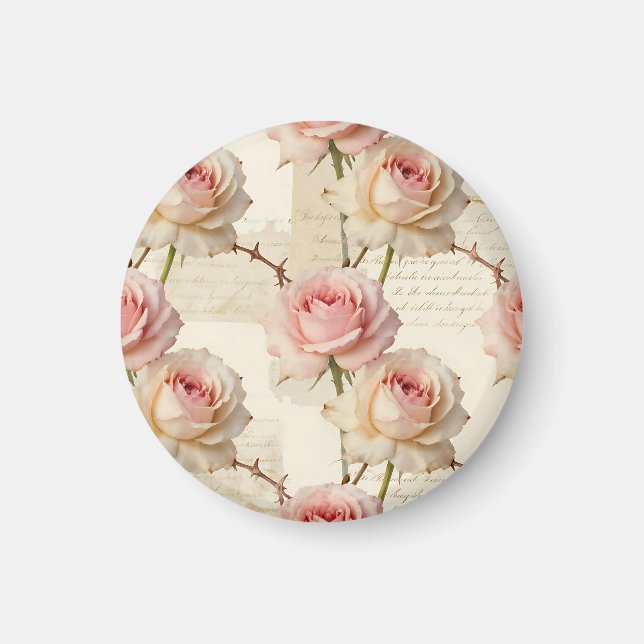 Antikes Schriftmuster mit blassrosa Rose Magnet (Vorne)