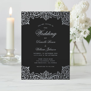Antikes Schwarz Faux Silber Elegante Vintage Hochz Einladung