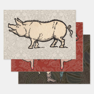 Antikes Schwein Süßes Vintage-Illustration Geschenkpapier Set