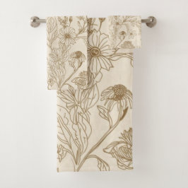 Antikes Sepia-Botanik-Linienkunst-Blumenmuster Badhandtuch Set