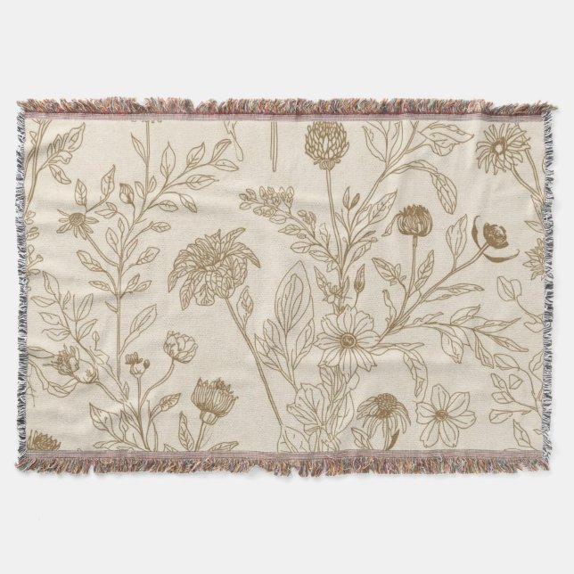 Antikes Sepia-Botanik-Linienkunst-Blumenmuster Decke (Vorderseite)