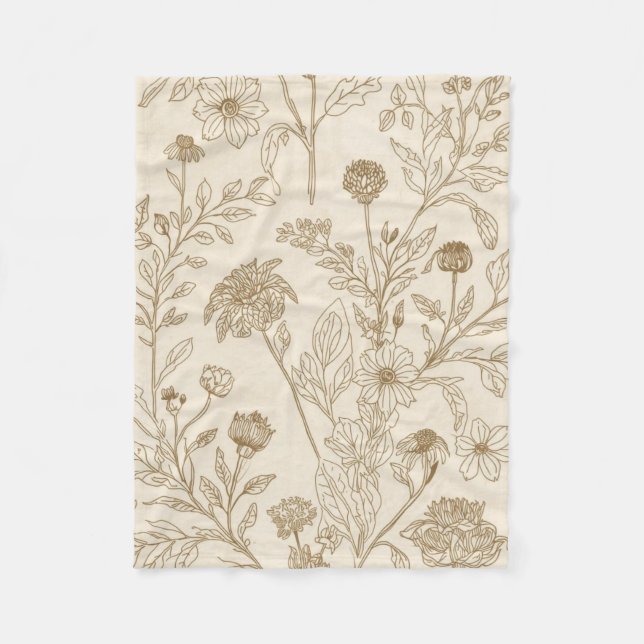 Antikes Sepia-Botanik-Linienkunst-Blumenmuster Fleecedecke (Vorderseite)