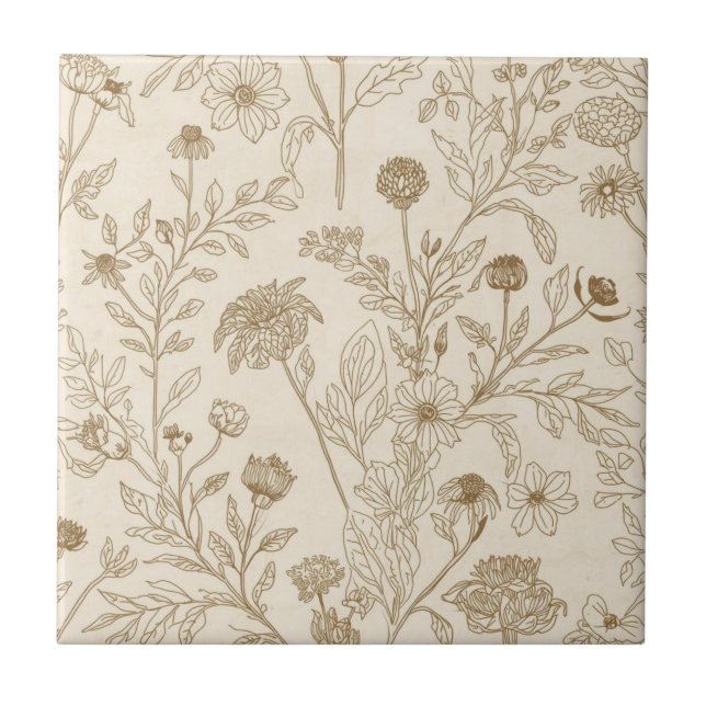 Antikes Sepia-Botanik-Linienkunst-Blumenmuster Fliese (Vorderseite)
